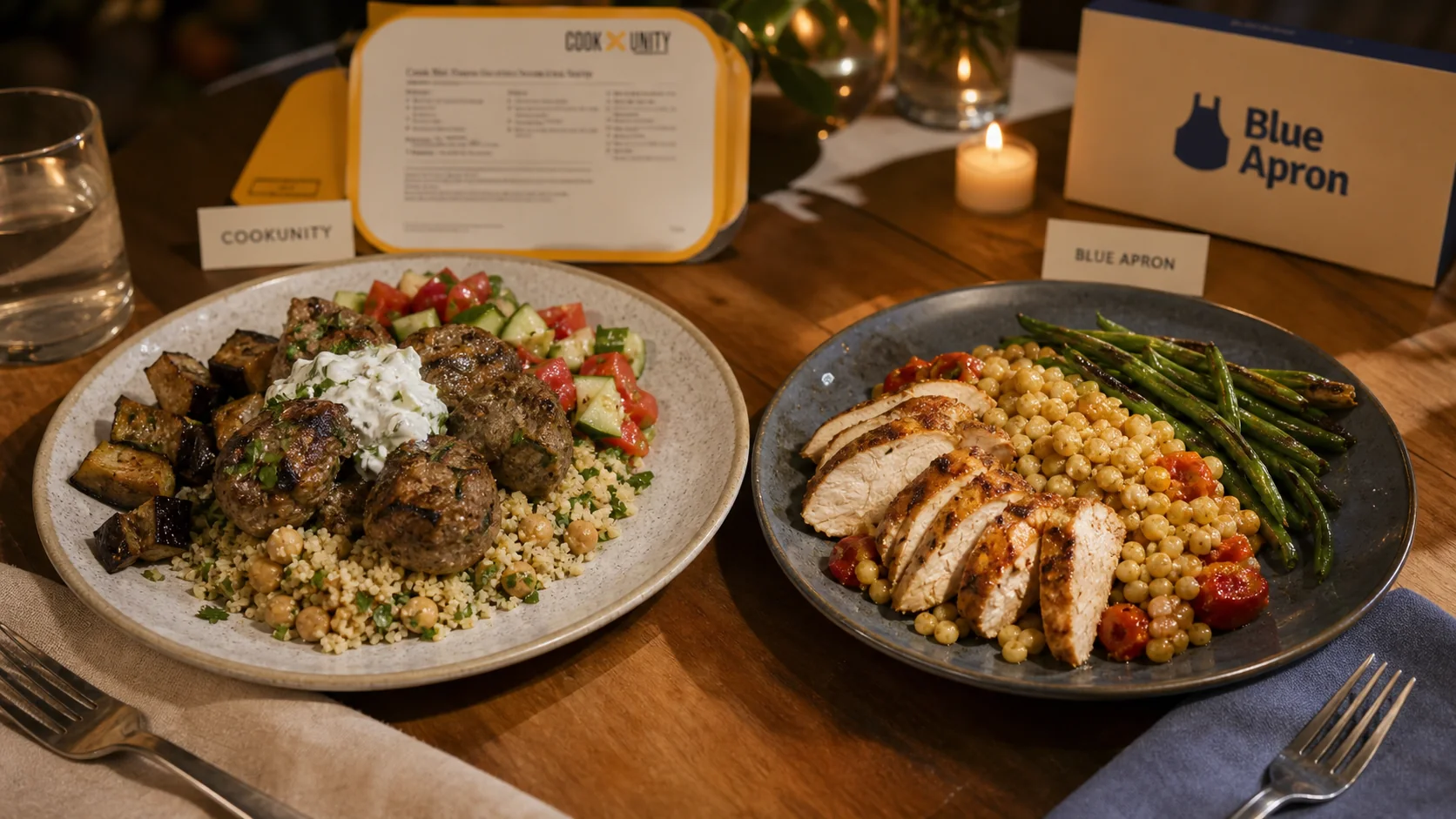 CookUnity turkey kofta plate beside Blue Apron paprika chicken with couscous and green beans