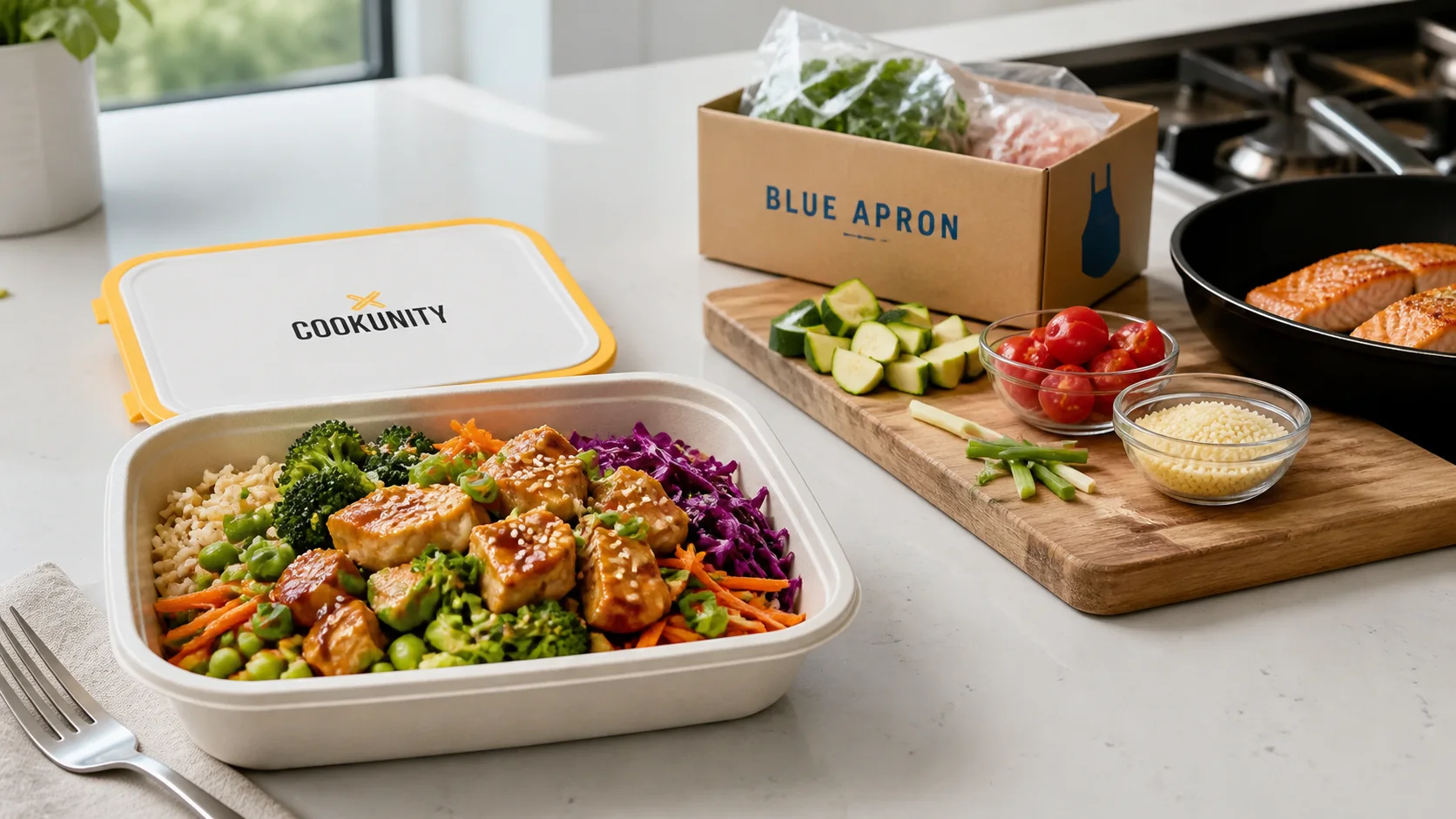 Finished CookUnity sesame chicken bowl beside Blue Apron salmon meal-kit preparation