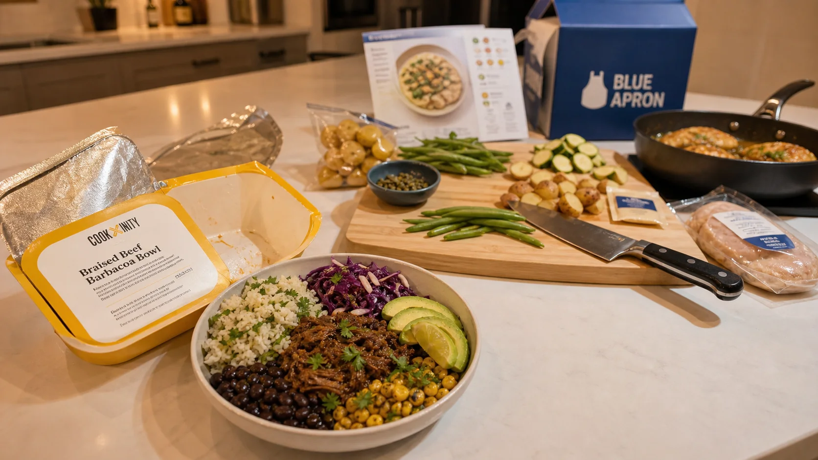 CookUnity braised beef barbacoa bowl beside a Blue Apron lemon-caper chicken meal kit in preparation