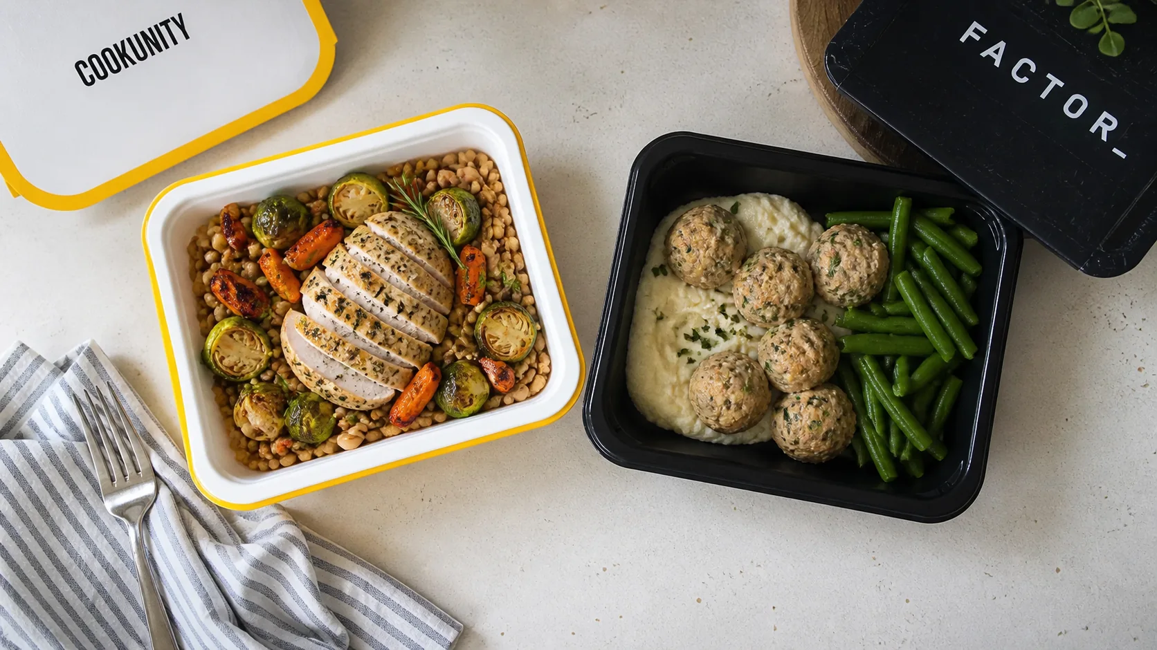CookUnity rosemary chicken with farro and vegetables beside Factor turkey meatballs with cauliflower mash