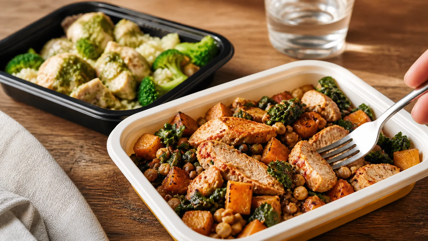 CookUnity harissa turkey with lentils and vegetables beside Factor pesto chicken with broccoli
