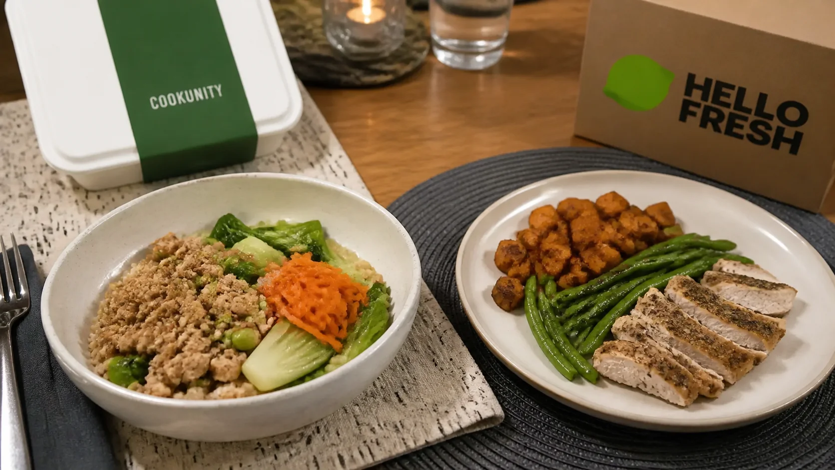 CookUnity Korean turkey bowl beside HelloFresh herb chicken with sweet potatoes and green beans