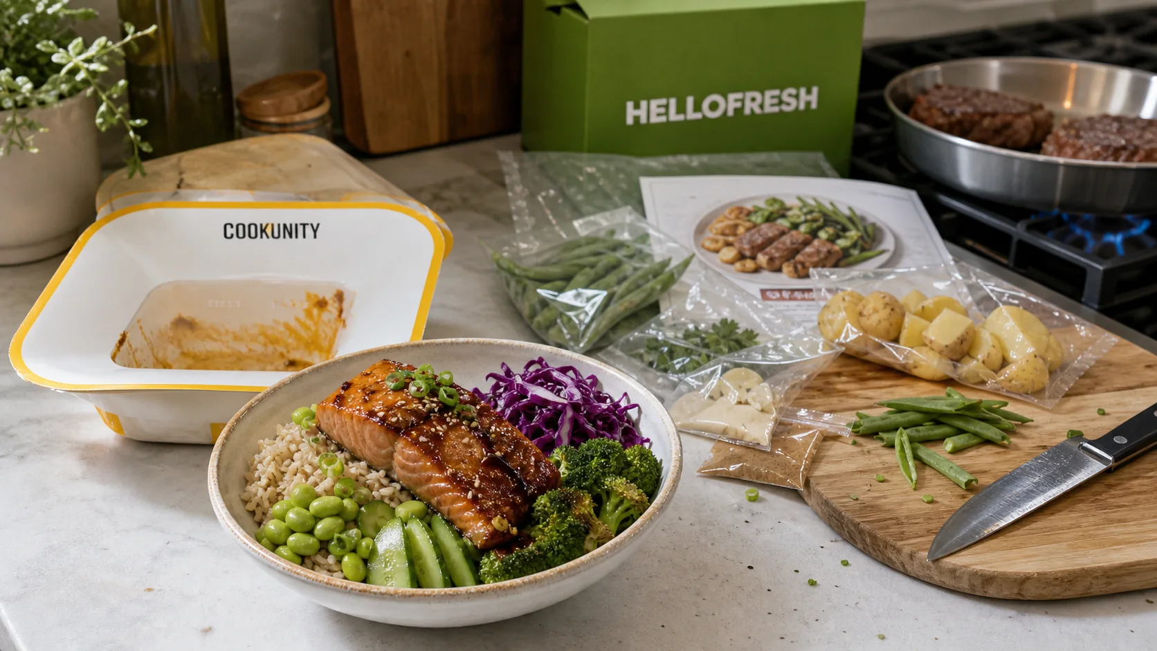 CookUnity miso-glazed salmon bowl beside a HelloFresh steak meal kit being cooked
