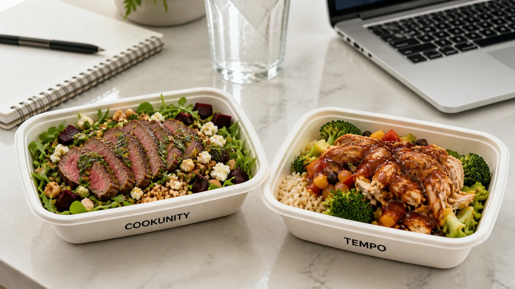 CookUnity chimichurri steak farro salad beside a Tempo barbecue chicken bowl at an office