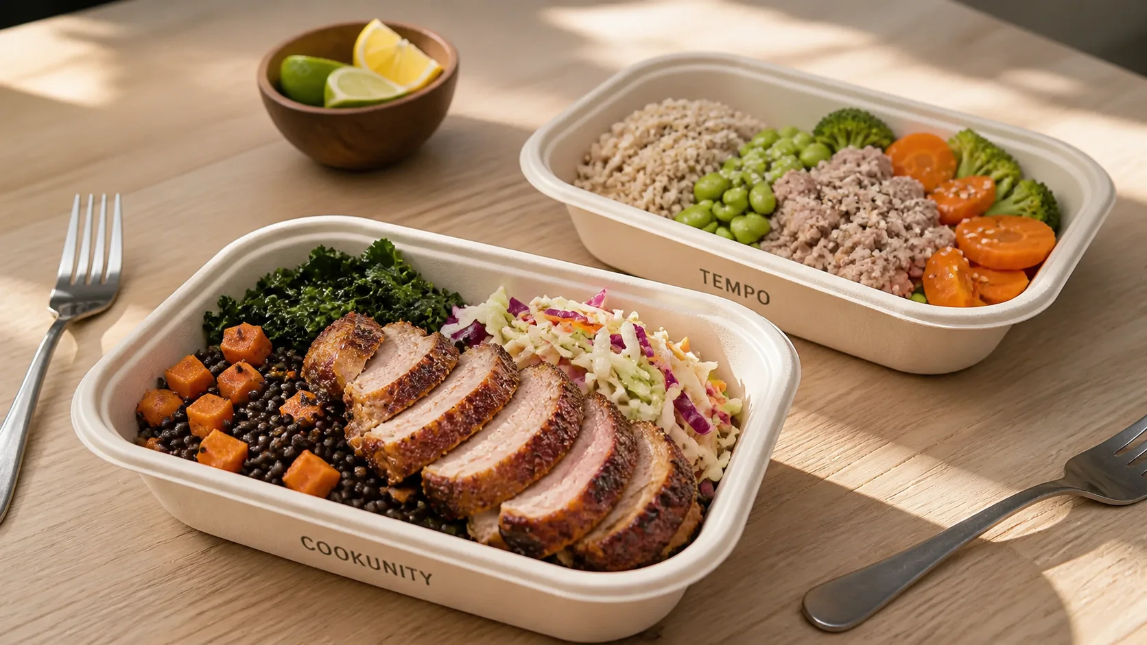 CookUnity pork tenderloin with lentils and slaw beside Tempo turkey with rice and vegetables