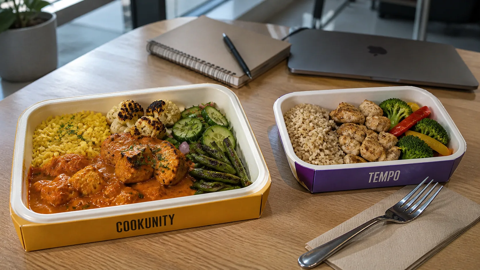 CookUnity chicken tikka masala beside a Tempo garlic chicken meal on an office table