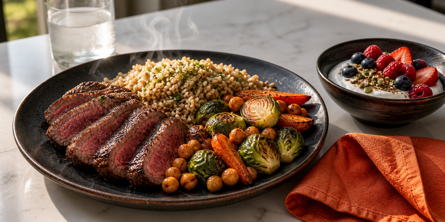 Post-workout steak, rice, vegetables, chickpeas, yogurt, berries, and seeds