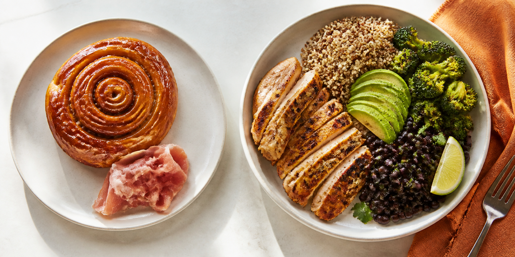 A protein-and-fiber-rich chicken plate compared with a pastry and deli meat plate